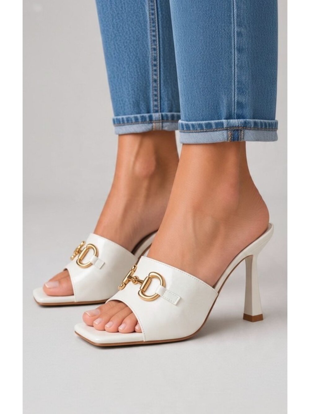 White Mule Heels With Gold Chain Detail Square Toe & Stiletto Heel